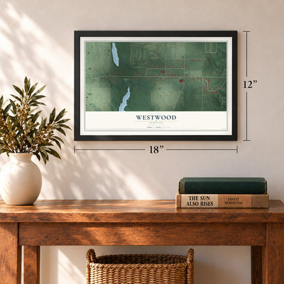 Westwood, Indiana map, 12 x 18 inch print in a black frame in an entryway