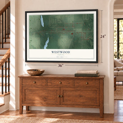 Westwood, Indiana map, 24 x 36 inch print in a black frame above a dresser by a staircase
