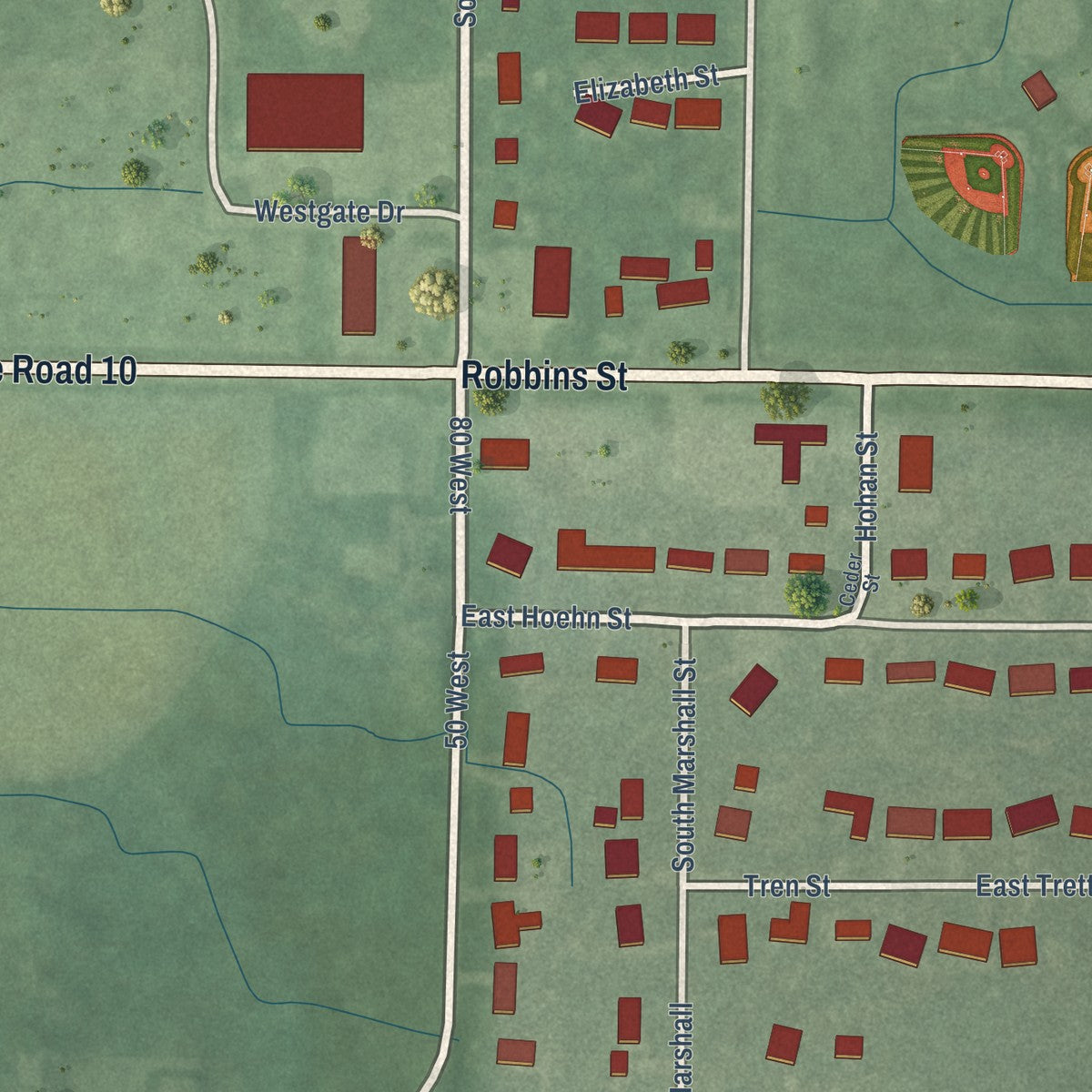 Second close-up of the map of Wheatfield, Indiana print showing more streets and buildings