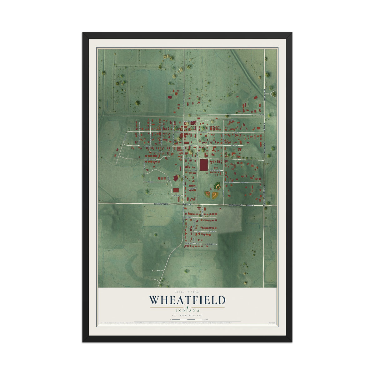 Map of Wheatfield, Indiana, 12 x 18 inch print in a black wood frame