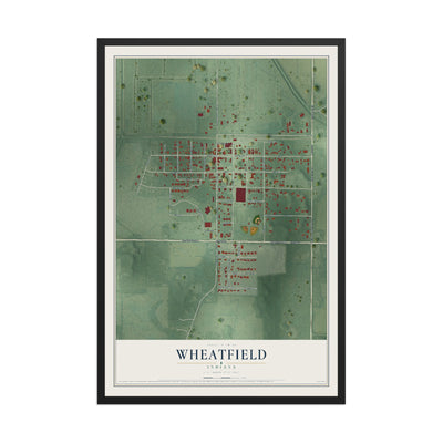 Map of Wheatfield, Indiana, 12 x 18 inch print in a black wood frame