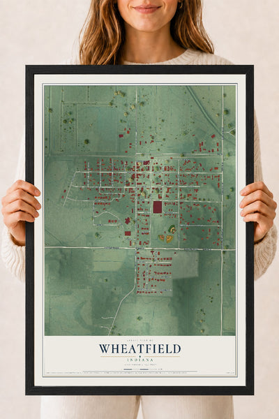 Map of Wheatfield, Indiana, 18 x 24 inch print in a black wood frame