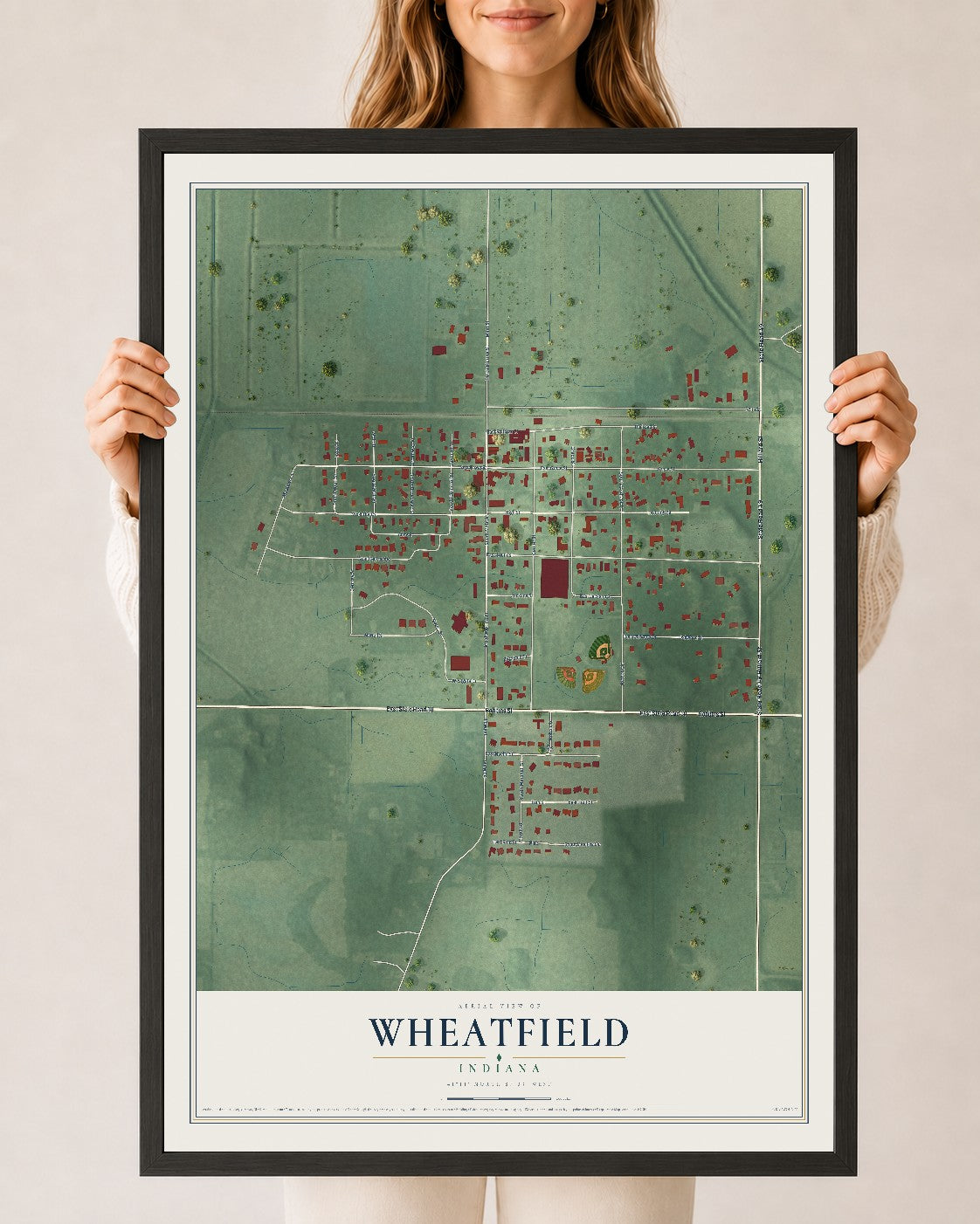 Map of Wheatfield, Indiana, 24 x 36 inch print in a black wood frame