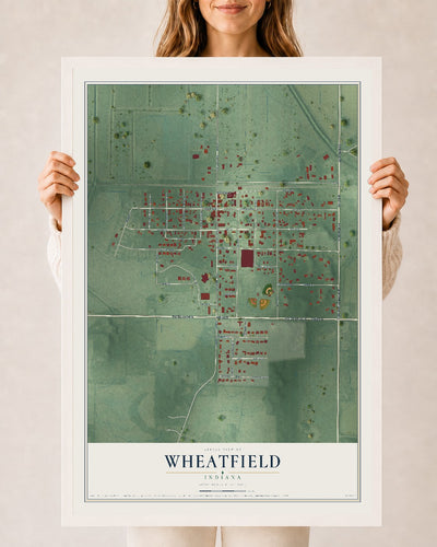 Map of Wheatfield, Indiana, 24 x 36 inch print in a white wood frame