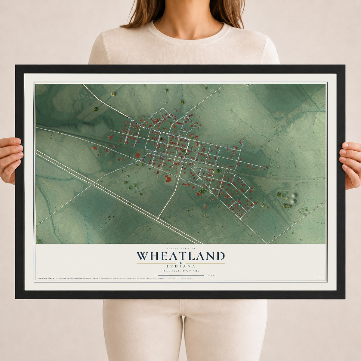 Map of Wheatland, Indiana, 18 x 24 inch print in a black wood frame