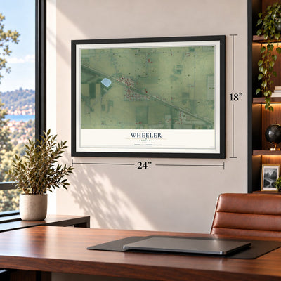 Wheeler, Indiana map, 18 x 24 inch print in a black frame in a home office
