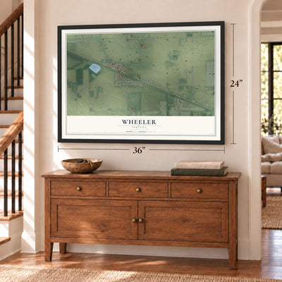 Wheeler, Indiana map, 24 x 36 inch print in a black frame above a dresser by a staircase