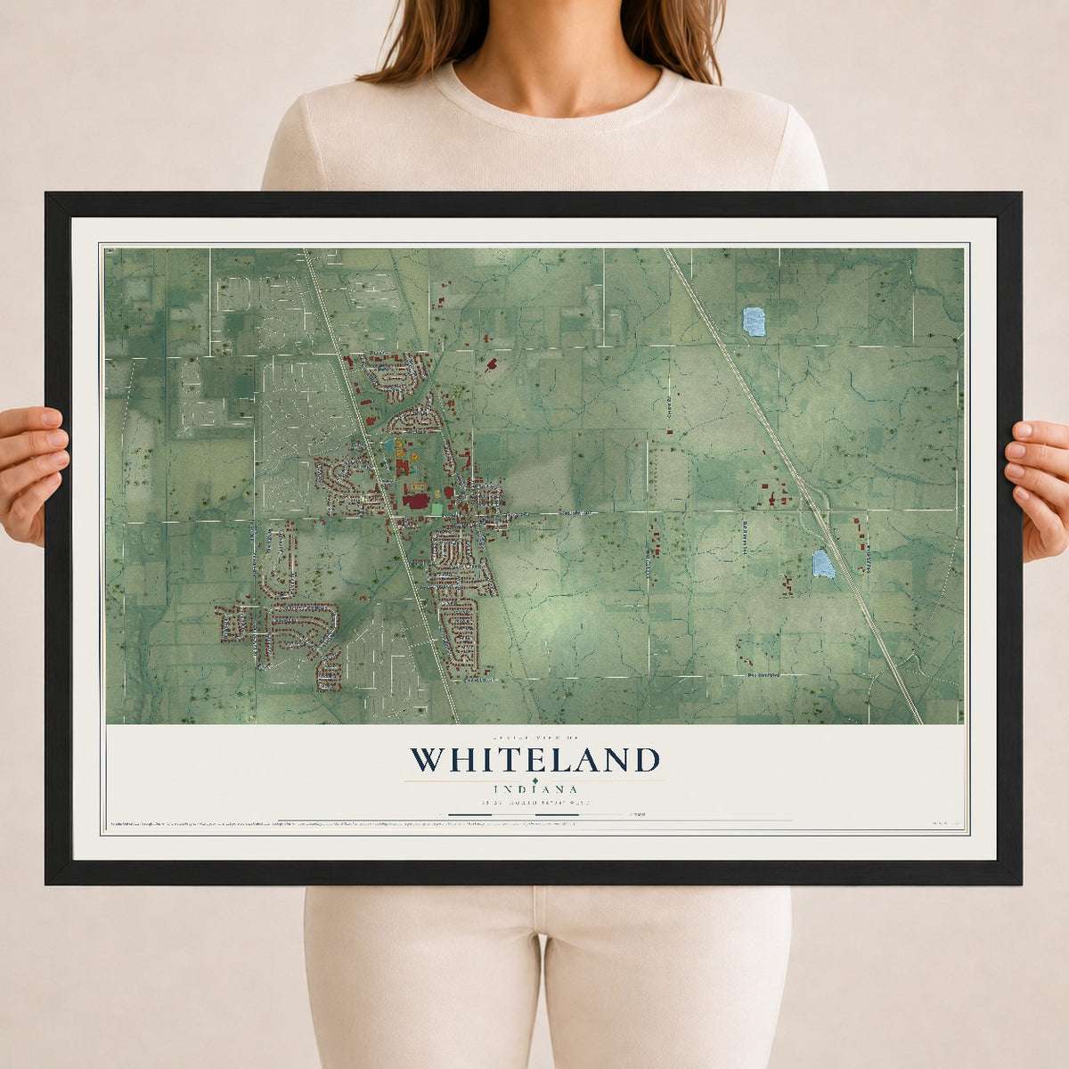 Map of Whiteland, Indiana, 18 x 24 inch print in a black wood frame