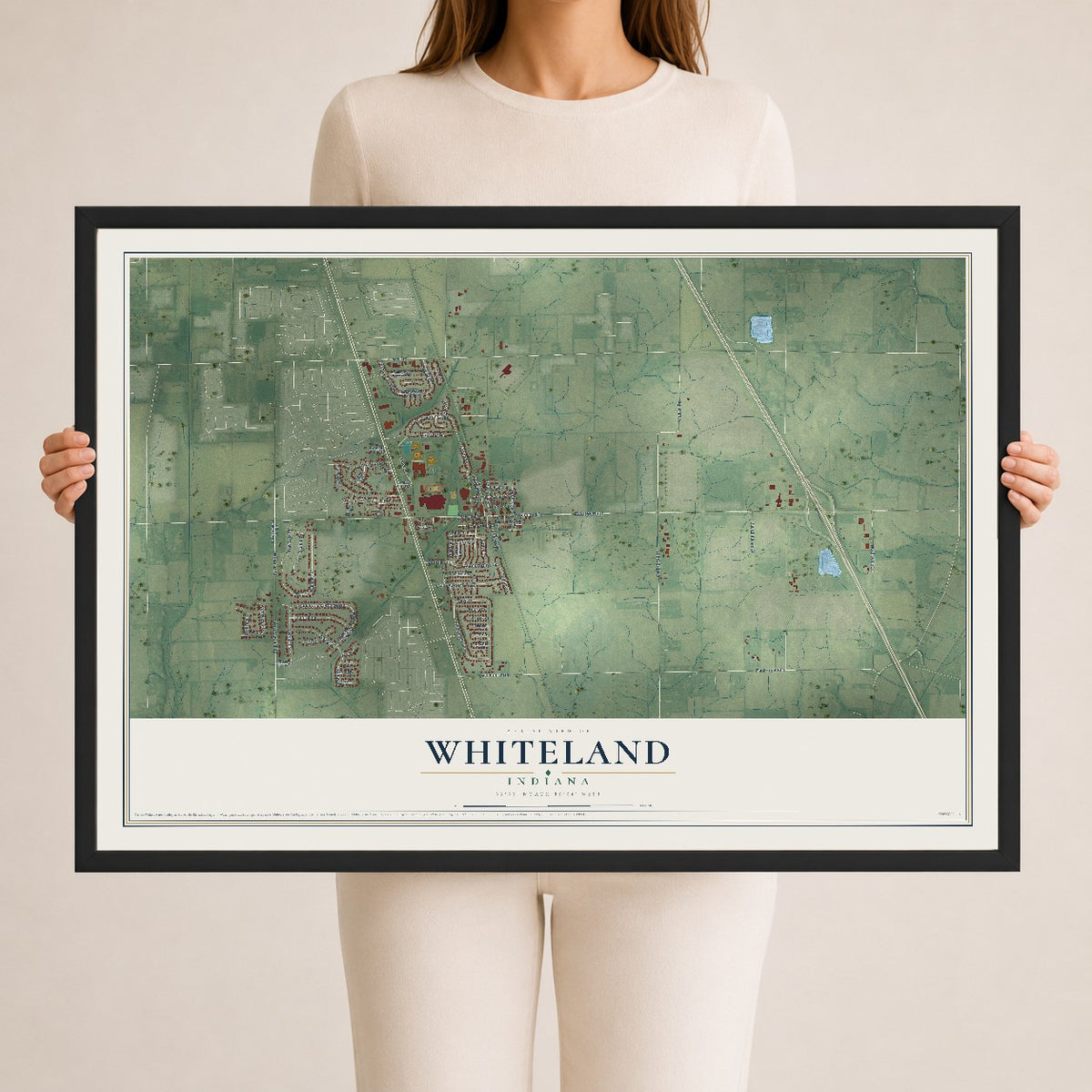 Map of Whiteland, Indiana, 24 x 36 inch print in a black wood frame