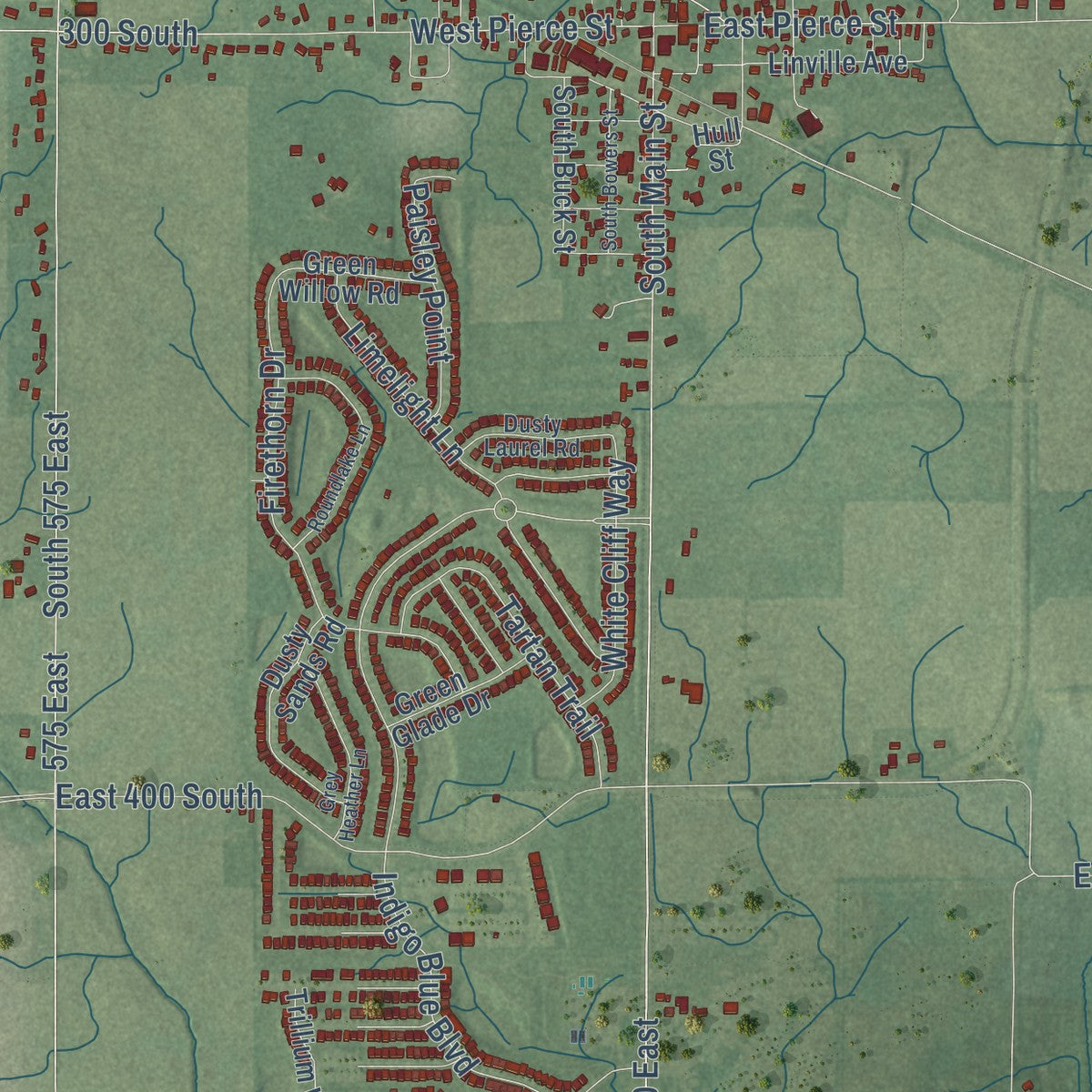 Second close-up of the map of Whitestown, Indiana print showing more streets and buildings