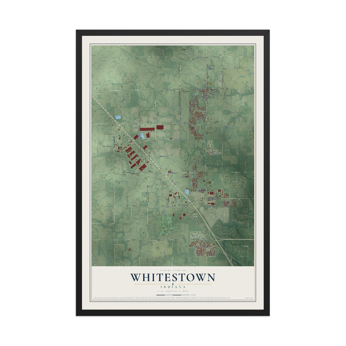 Map of Whitestown, Indiana, 12 x 18 inch print in a black wood frame