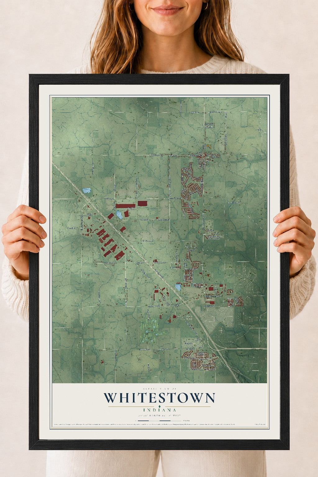 Map of Whitestown, Indiana, 18 x 24 inch print in a black wood frame