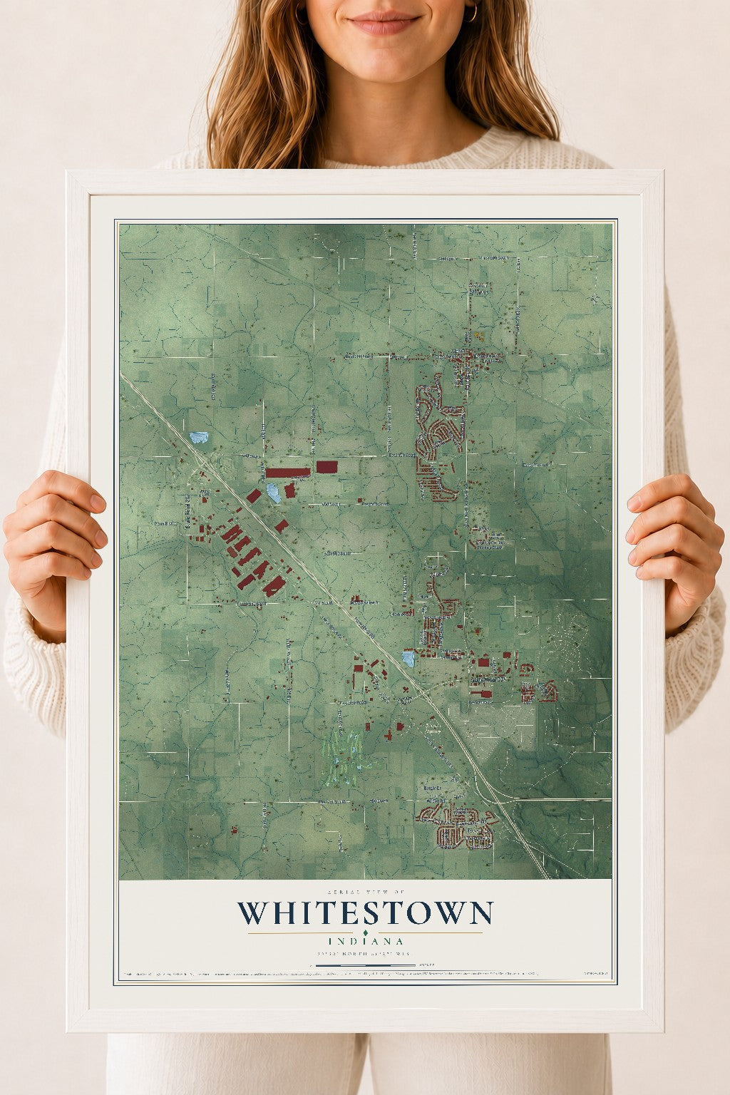 Map of Whitestown, Indiana, 18 x 24 inch print in a white wood frame