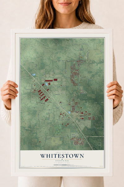 Map of Whitestown, Indiana, 18 x 24 inch print in a white wood frame