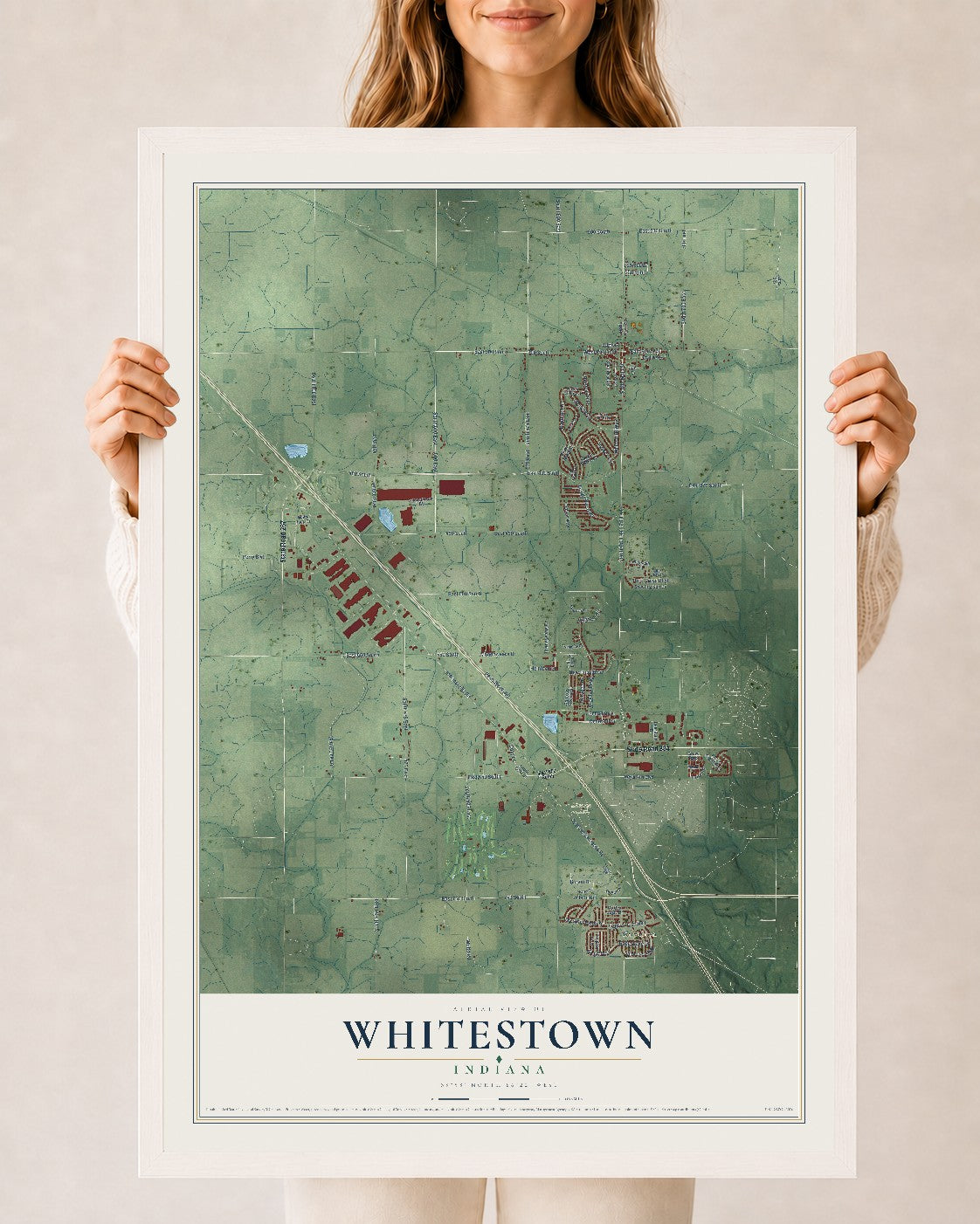 Map of Whitestown, Indiana, 24 x 36 inch print in a white wood frame