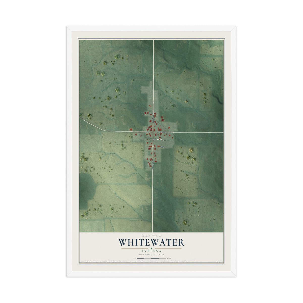 Map of Whitewater, Indiana, 12 x 18 inch print in a white wood frame
