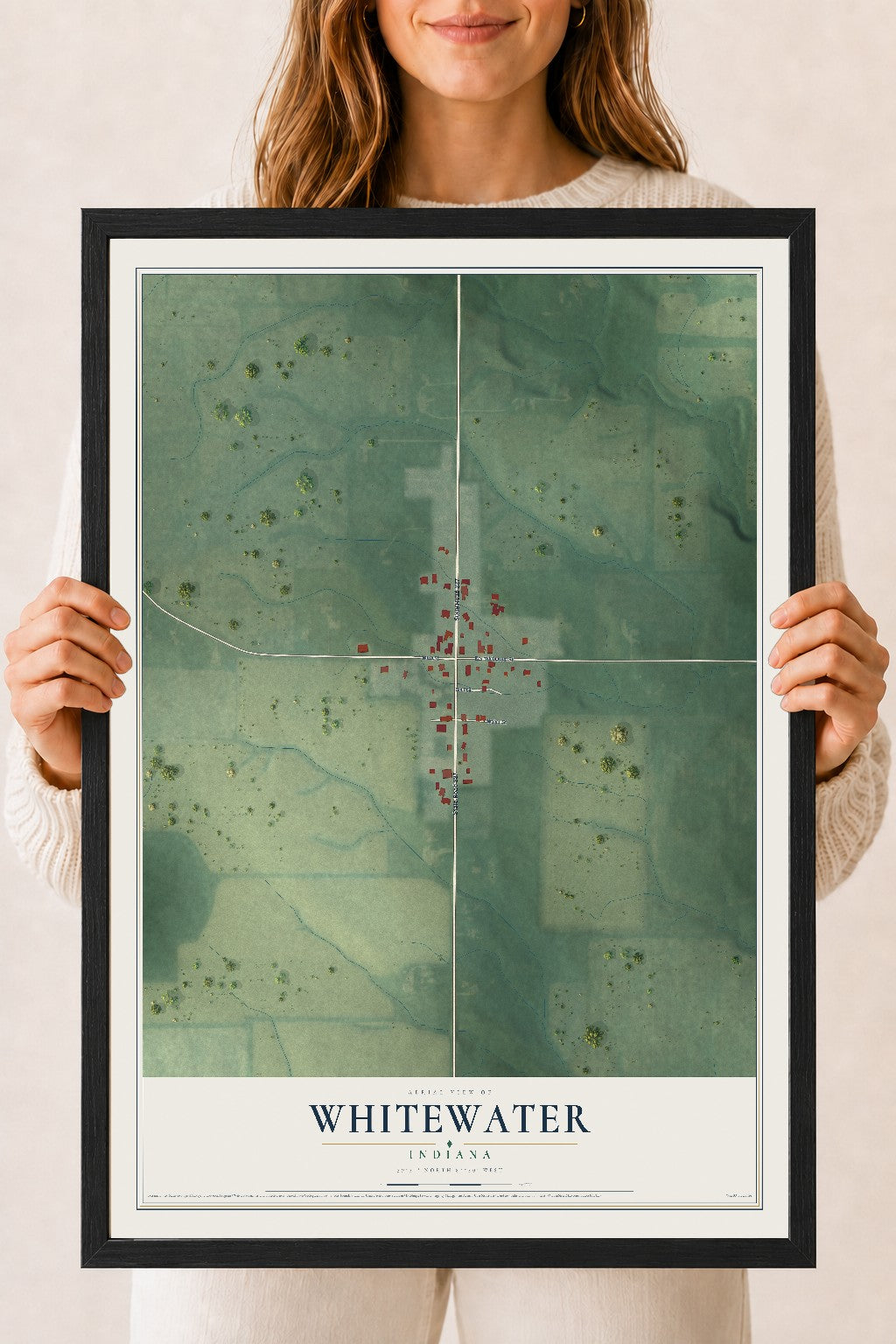 Map of Whitewater, Indiana, 18 x 24 inch print in a black wood frame