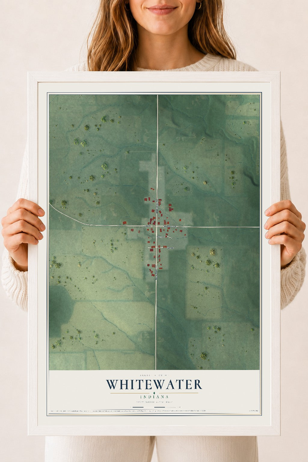 Map of Whitewater, Indiana, 18 x 24 inch print in a white wood frame
