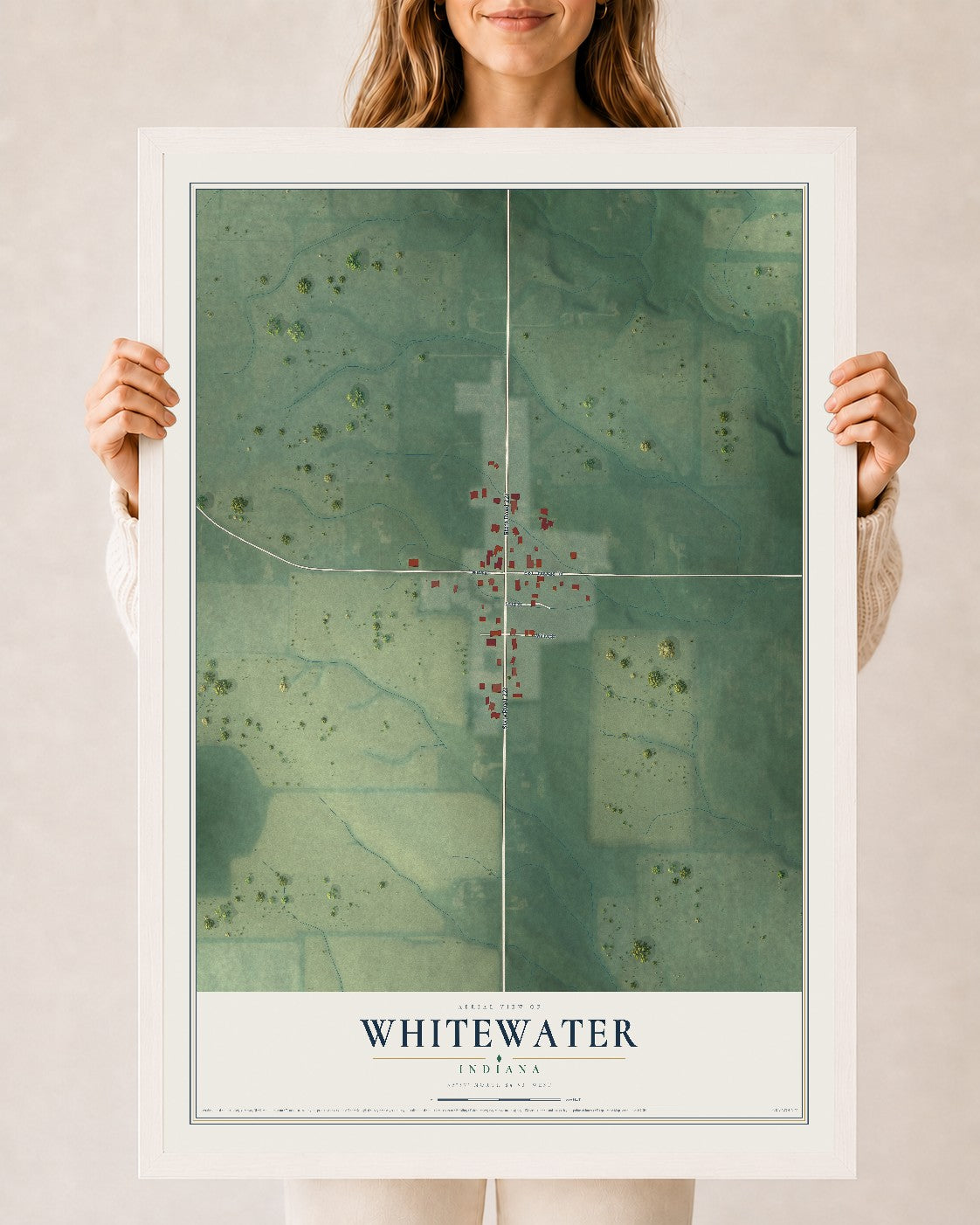 Map of Whitewater, Indiana, 24 x 36 inch print in a white wood frame