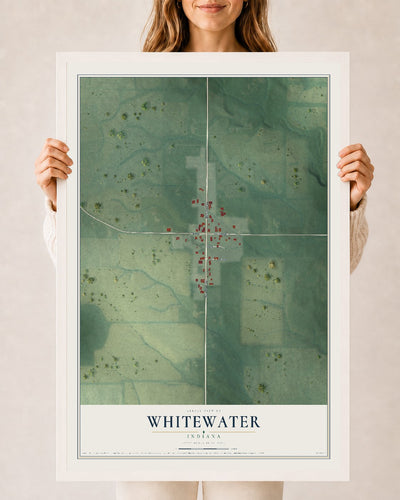 Map of Whitewater, Indiana, 24 x 36 inch print in a white wood frame