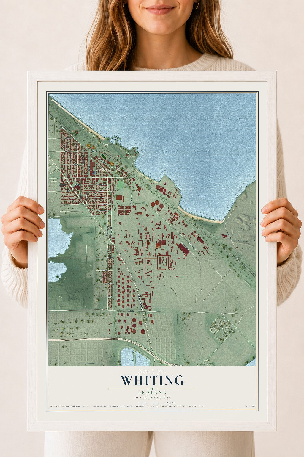Map of Whiting, Indiana, 18 x 24 inch print in a white wood frame