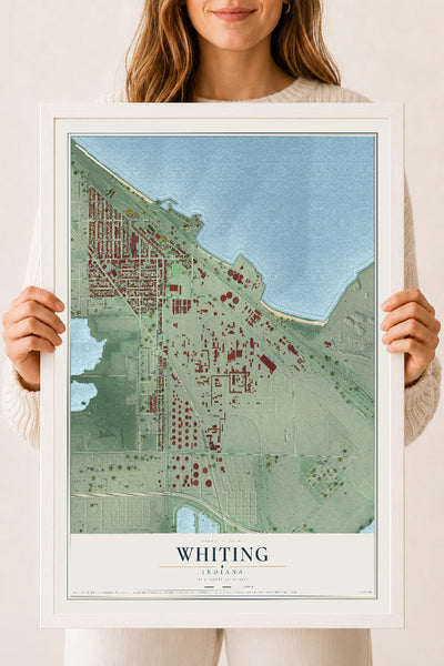 Map of Whiting, Indiana, 18 x 24 inch print in a white wood frame