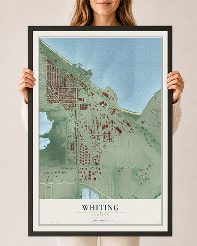 Map of Whiting, Indiana, 24 x 36 inch print in a black wood frame