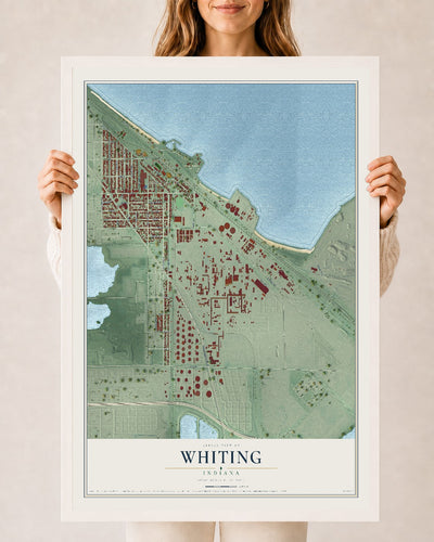 Map of Whiting, Indiana, 24 x 36 inch print in a white wood frame