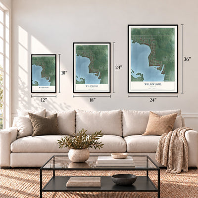 Wildwood, Indiana map in 12 x 18, 18 x 24 and 24 x 36 inch sizes above a sofa