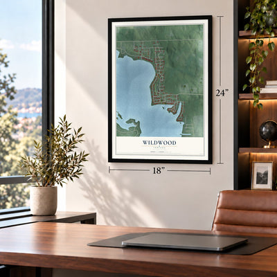 Wildwood, Indiana map, 18 x 24 inch print in a black frame in a home office
