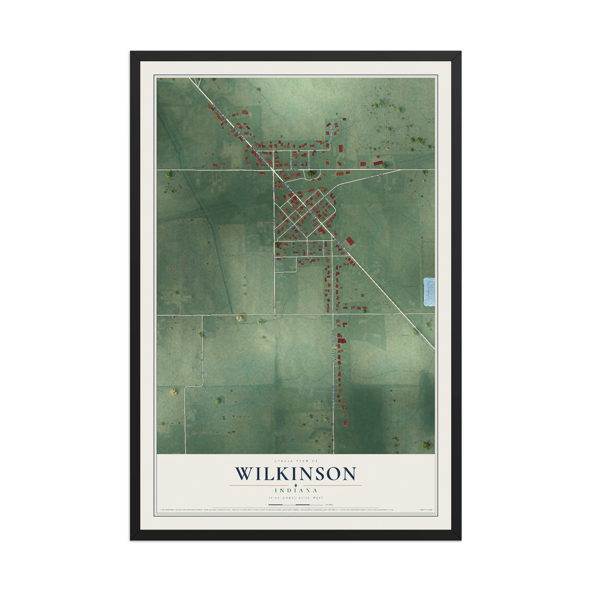 Map of Wilkinson, Indiana, 12 x 18 inch print in a black wood frame