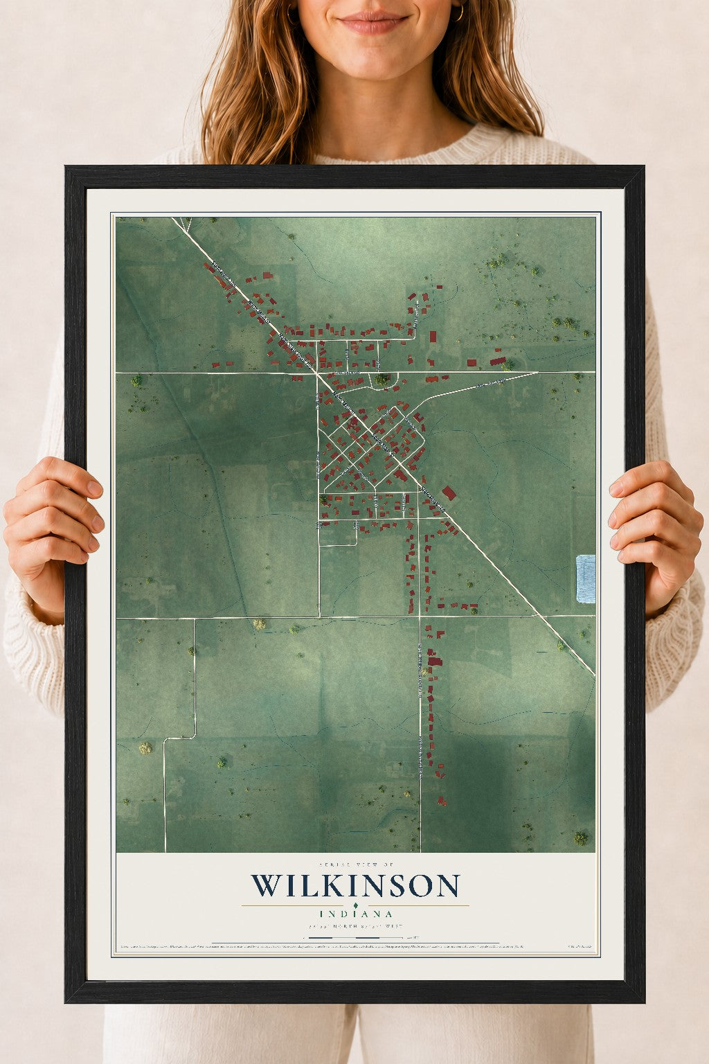 Map of Wilkinson, Indiana, 18 x 24 inch print in a black wood frame