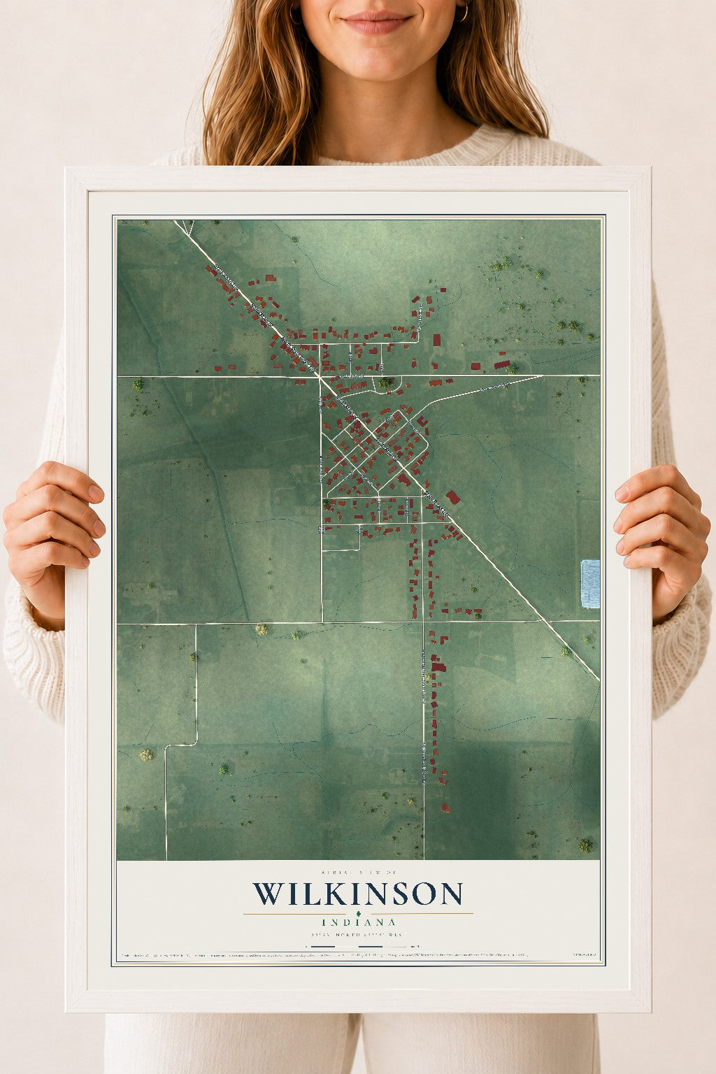 Map of Wilkinson, Indiana, 18 x 24 inch print in a white wood frame