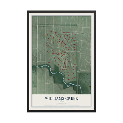 Map of Williams Creek, Indiana, 12 x 18 inch print in a black wood frame