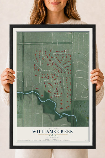 Map of Williams Creek, Indiana, 18 x 24 inch print in a black wood frame