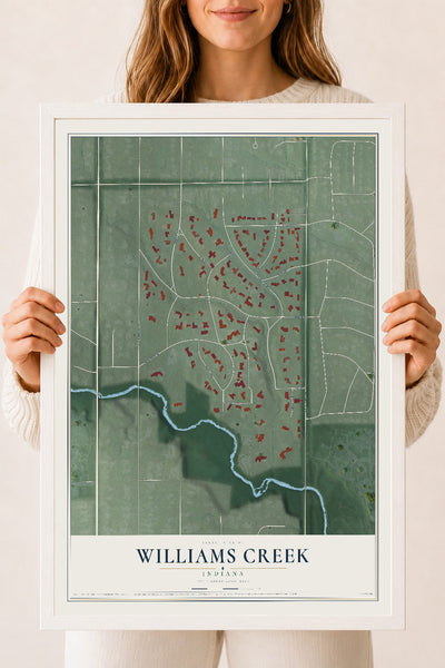 Map of Williams Creek, Indiana, 18 x 24 inch print in a white wood frame