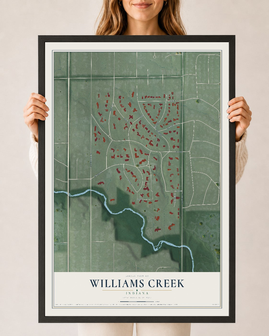 Map of Williams Creek, Indiana, 24 x 36 inch print in a black wood frame