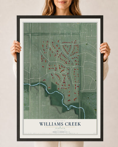 Map of Williams Creek, Indiana, 24 x 36 inch print in a black wood frame