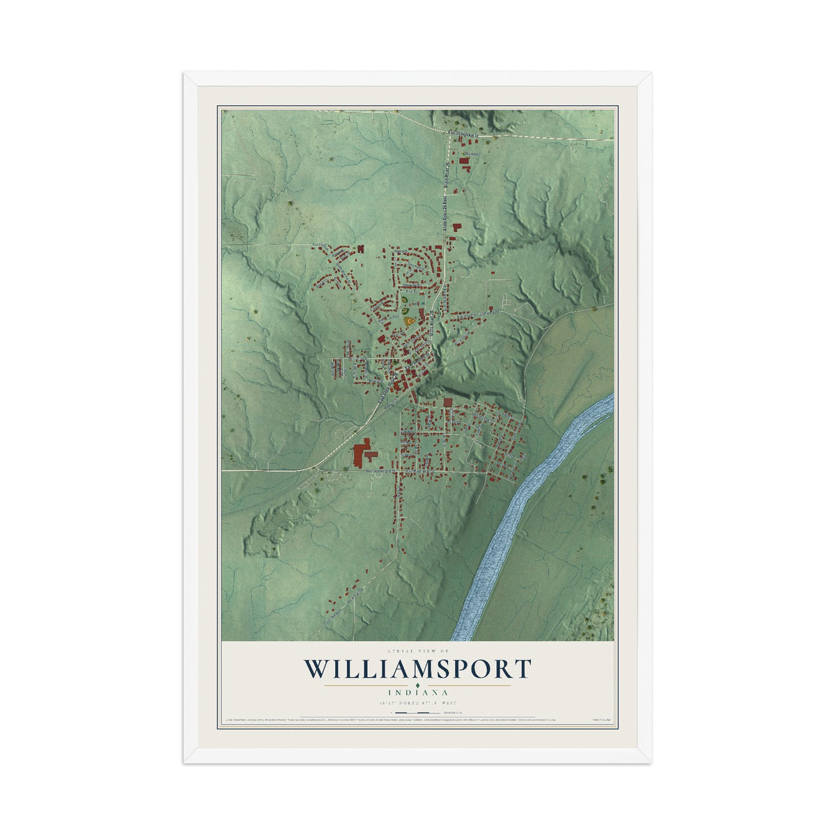 Map of Williamsport, Indiana, 12 x 18 inch print in a white wood frame