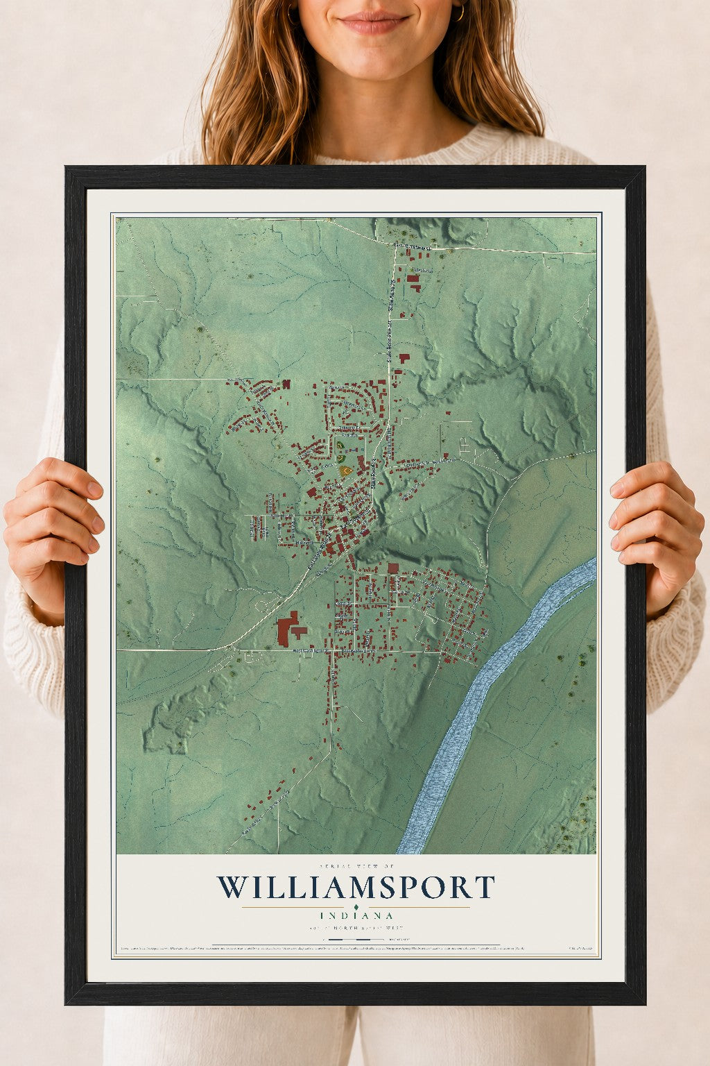 Map of Williamsport, Indiana, 18 x 24 inch print in a black wood frame