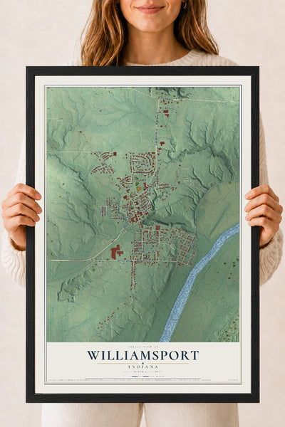 Map of Williamsport, Indiana, 18 x 24 inch print in a black wood frame