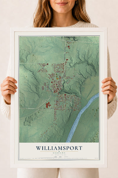 Map of Williamsport, Indiana, 18 x 24 inch print in a white wood frame