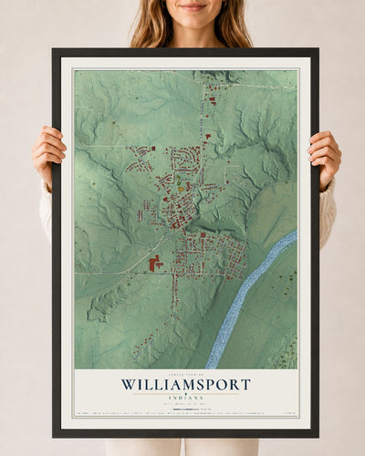 Map of Williamsport, Indiana, 24 x 36 inch print in a black wood frame