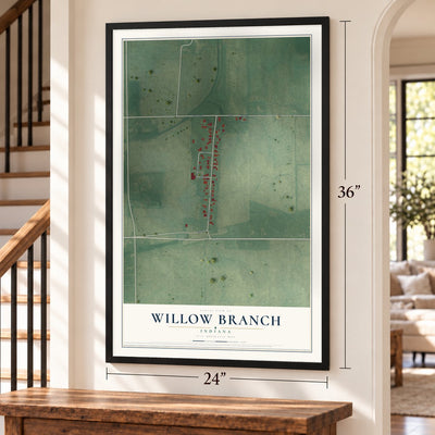 Willow Branch, Indiana map, 24 x 36 inch print in a black frame by a staircase
