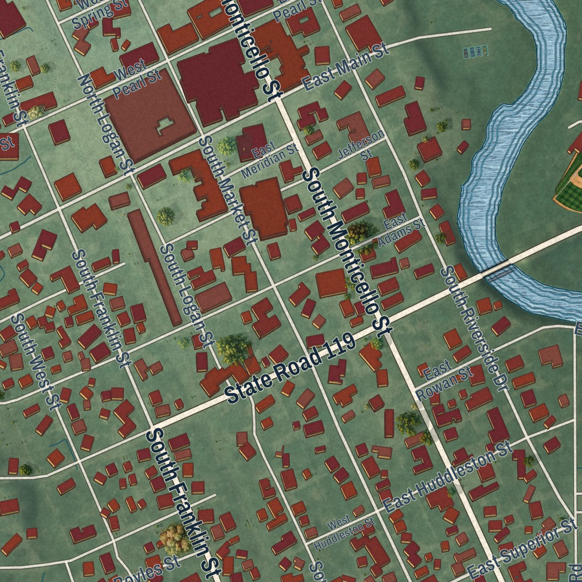 Close-up of the map of Winamac, Indiana print showing street and building detail