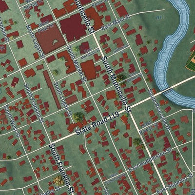 Close-up of the map of Winamac, Indiana print showing street and building detail