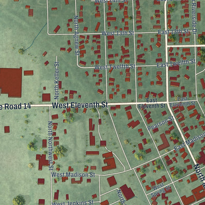 Second close-up of the map of Winamac, Indiana print showing more streets and buildings