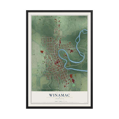 Map of Winamac, Indiana, 12 x 18 inch print in a black wood frame