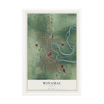 Map of Winamac, Indiana, 12 x 18 inch print in a white wood frame