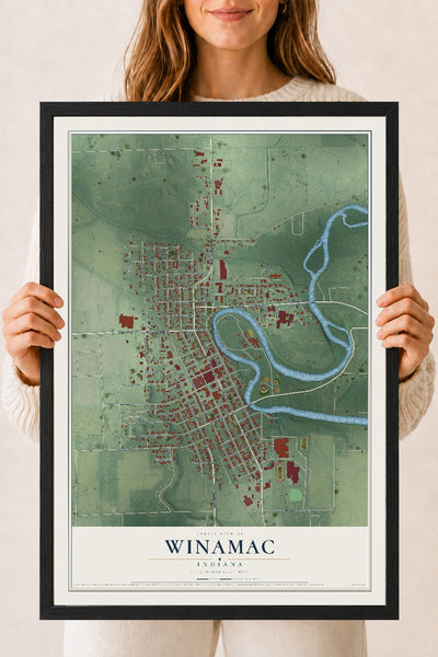 Map of Winamac, Indiana, 18 x 24 inch print in a black wood frame